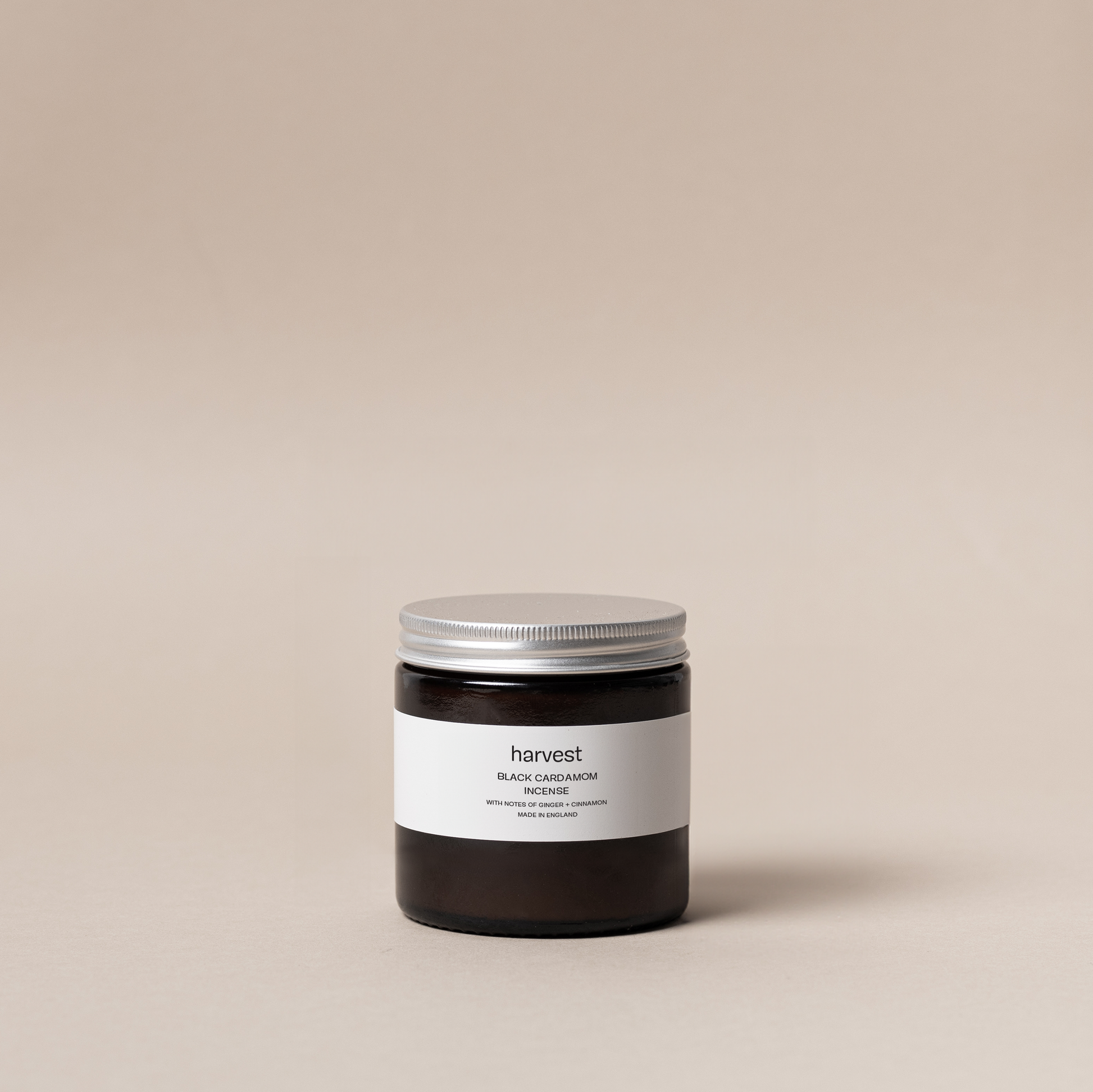 Harvest Black Cardamom Incense in amber glass jar with silver lid
