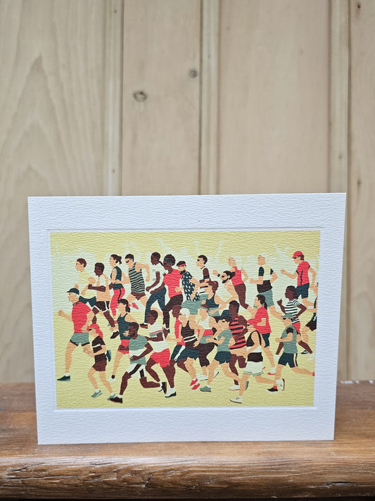 Greeting card reproducing Rachel Clark's linocut print of a record shop, showing five figures browsing through vinyl records with album covers lining the walls