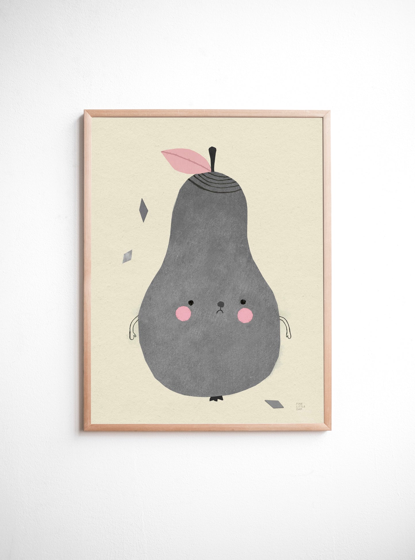 Framed artwork of a cartoon pear with facial features on a beige background.