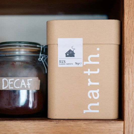 Harth barista hot chocolate 1kg box on kitchen shelf