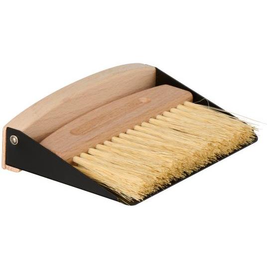 Wooden dustpan with bristle brush on a white background