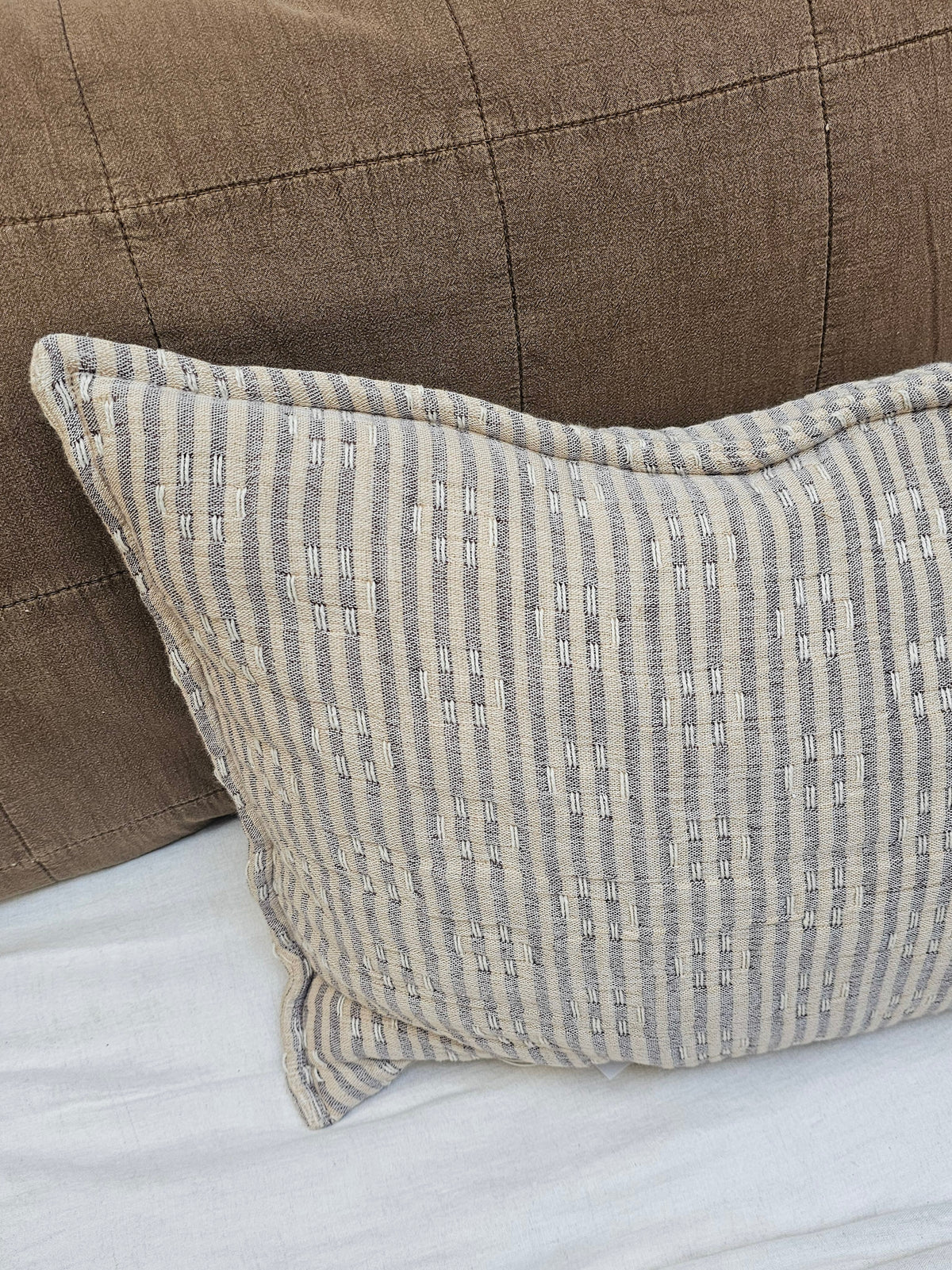 Kantha Stitch Striped Cushion | Natural/Brown