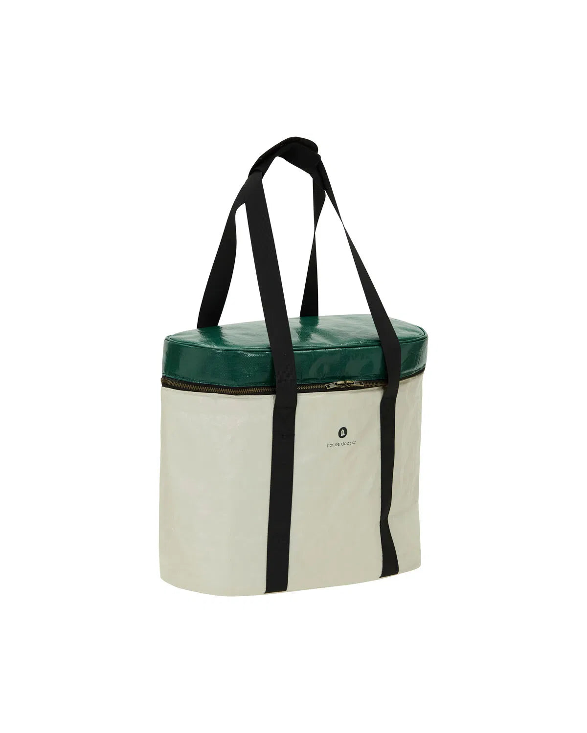 Stock image of the insulated cooling picnic bag in sand/green colourway. Shown against a white background.