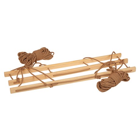 A beige clothesline made of pine wood with rope lines, suitable for outdoor drying.