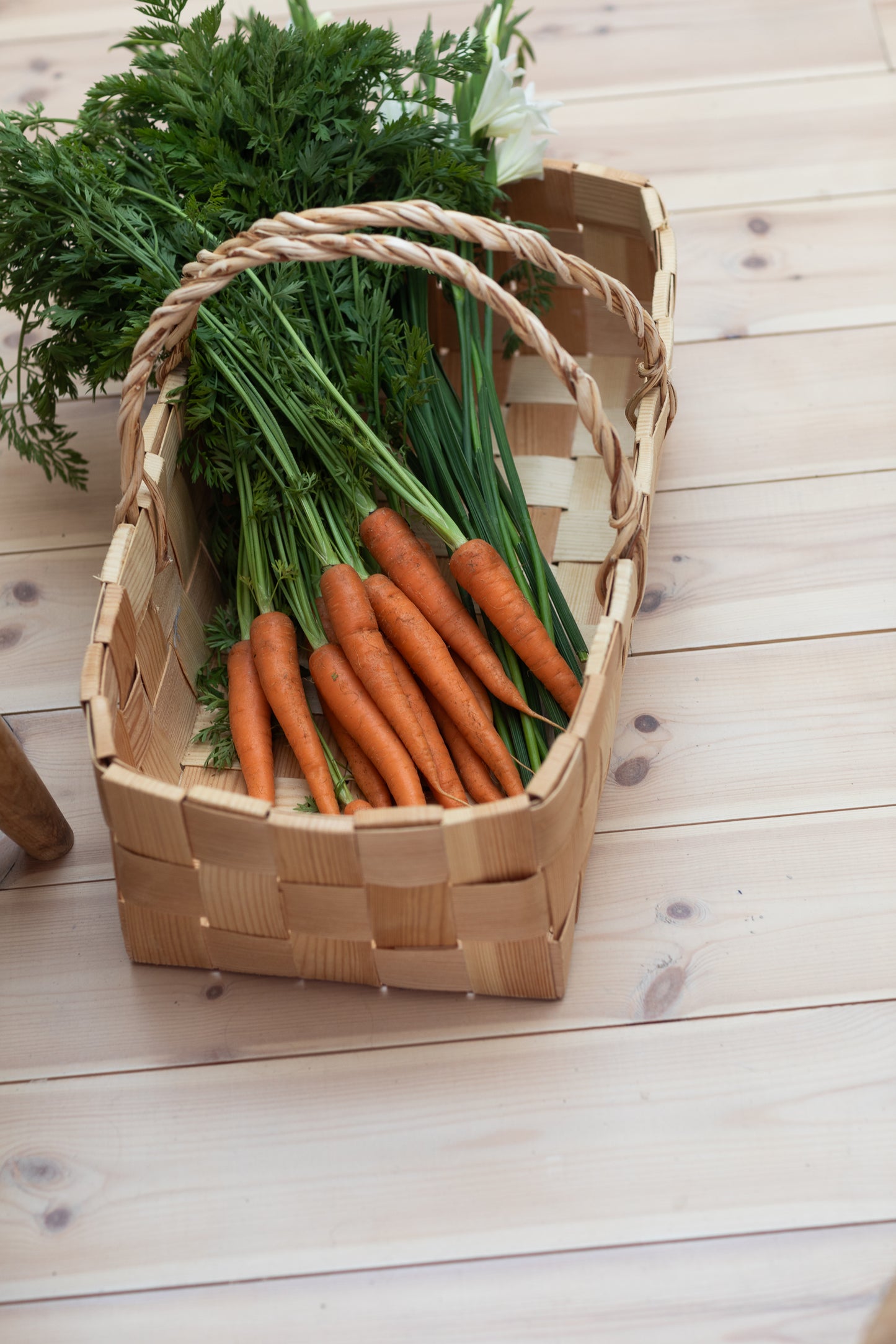 A pine woven basket filled with fresh carrots on a wooden surface.