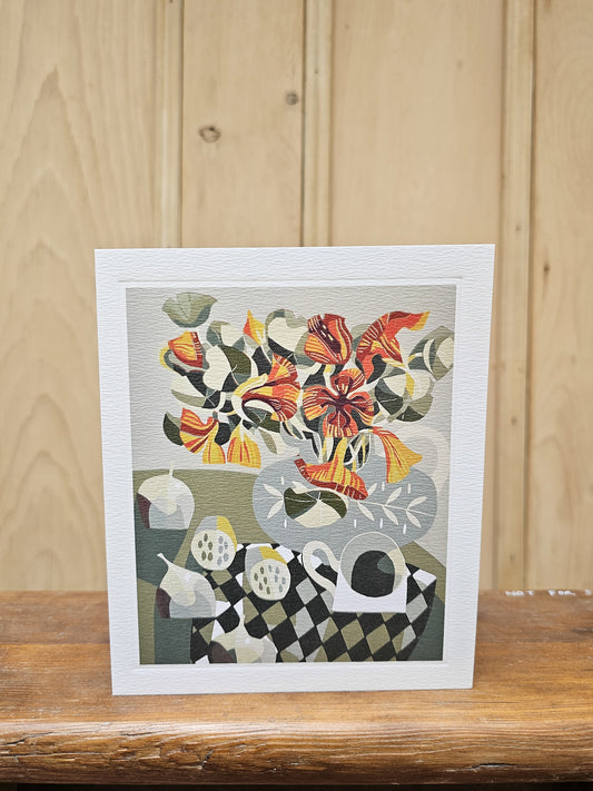 Greeting card reproducing Jane Walker's print of nasturtiums in a vase on a chequered table, with bold orange and red flowers against a muted green background