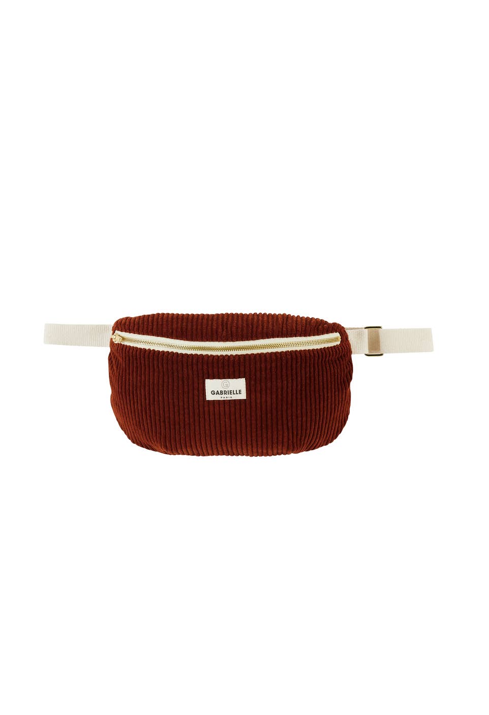 Red-wine coloured velvet corduroy waist bag with a Gabrielle Paris label on a white background.