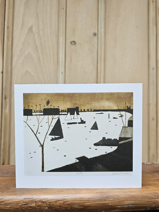 Greeting card reproducing Julian Trevelyan's 1974 print Winter, showing sailing boats on a frozen or misty river with a golden sky and dark industrial skyline