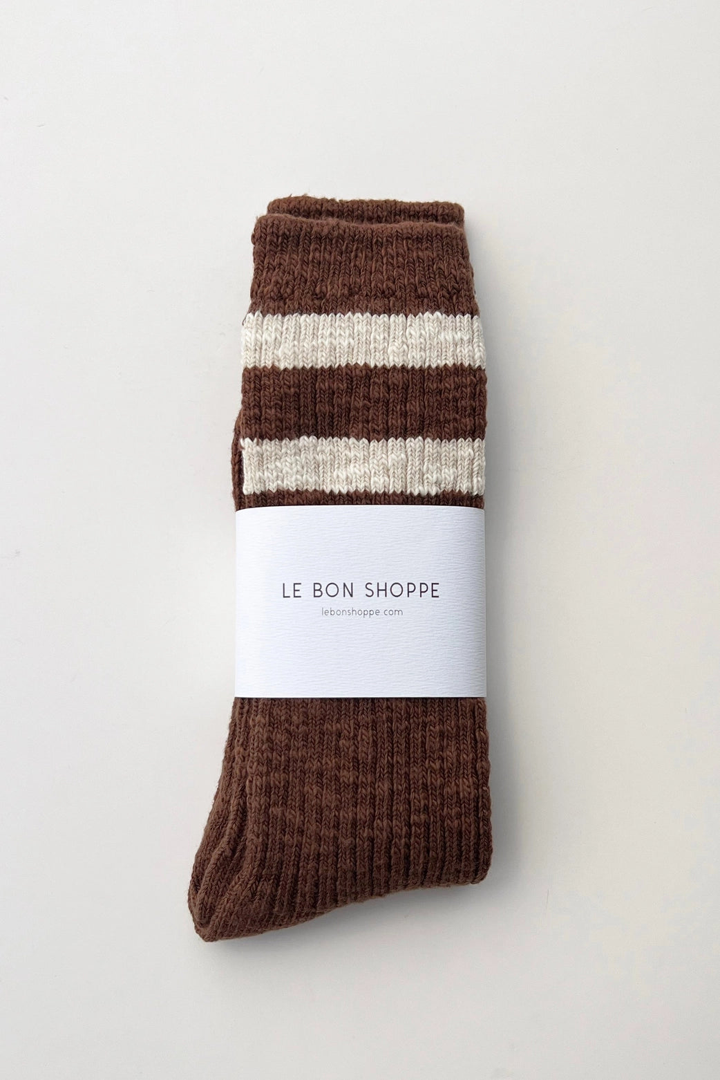 Le Bon Shoppe Cottage Socks in Bear Varsity, brown and cream stripe knit, flat lay