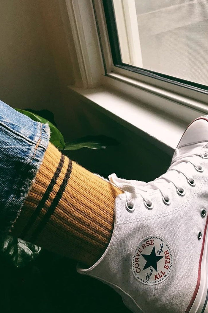 Le Bon Shoppe Boyfriend Socks in biscotti worn with white Converse and blue denim jeans