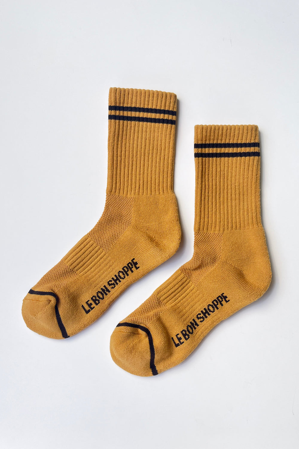 Le Bon Shoppe Boyfriend Socks in biscotti flat lay showing contrast double stripe and toe detail