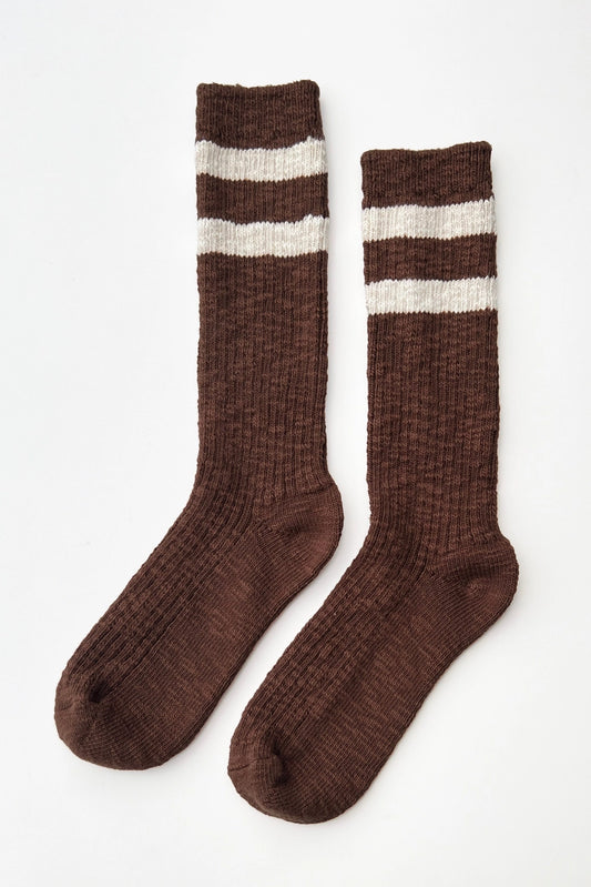 Le Bon Shoppe Cottage Socks in Bear Varsity, brown stripe open-knit cotton, pegged on a line