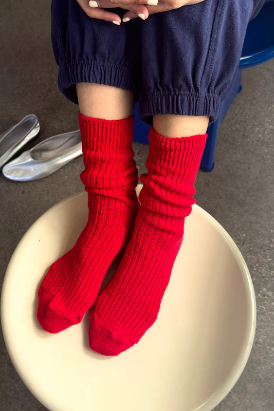 Le Bon Shoppe Cottage Socks in Chilli, rich red open-knit cotton, pegged on a line