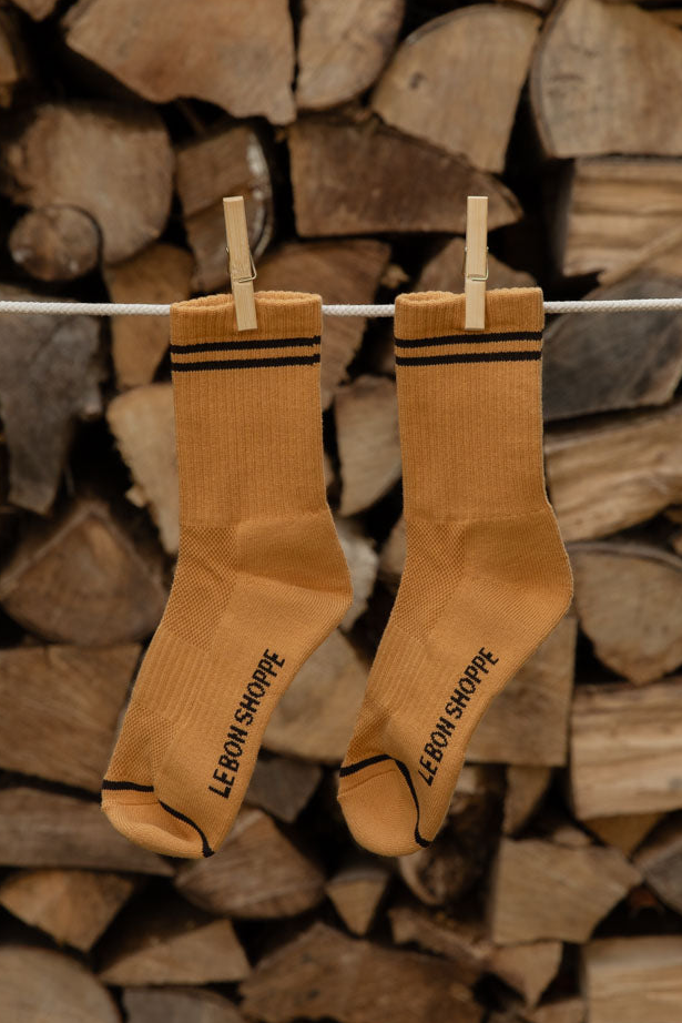 Le Bon Shoppe Boyfriend Socks in Biscotti with brown stripes pegged against stacked wood