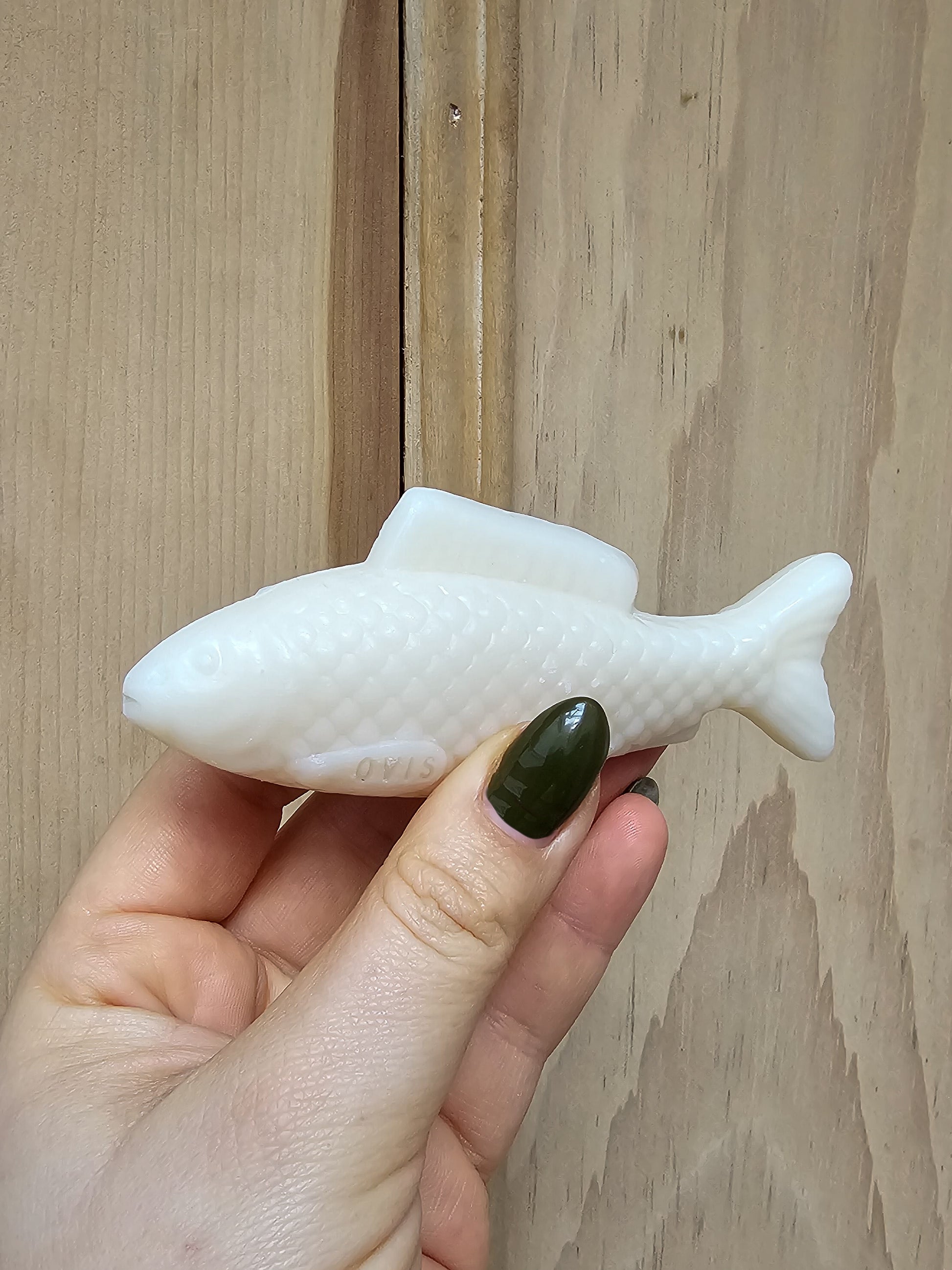 A person holding a fish-shaped bar of soap.