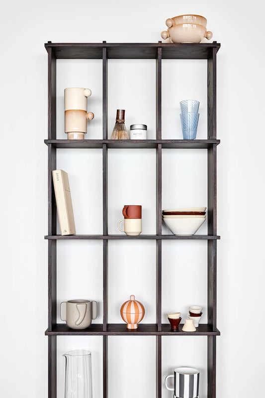 OYOY Grid Shelf large in dark ash styled with ceramics, glassware and homewares across multiple shelves