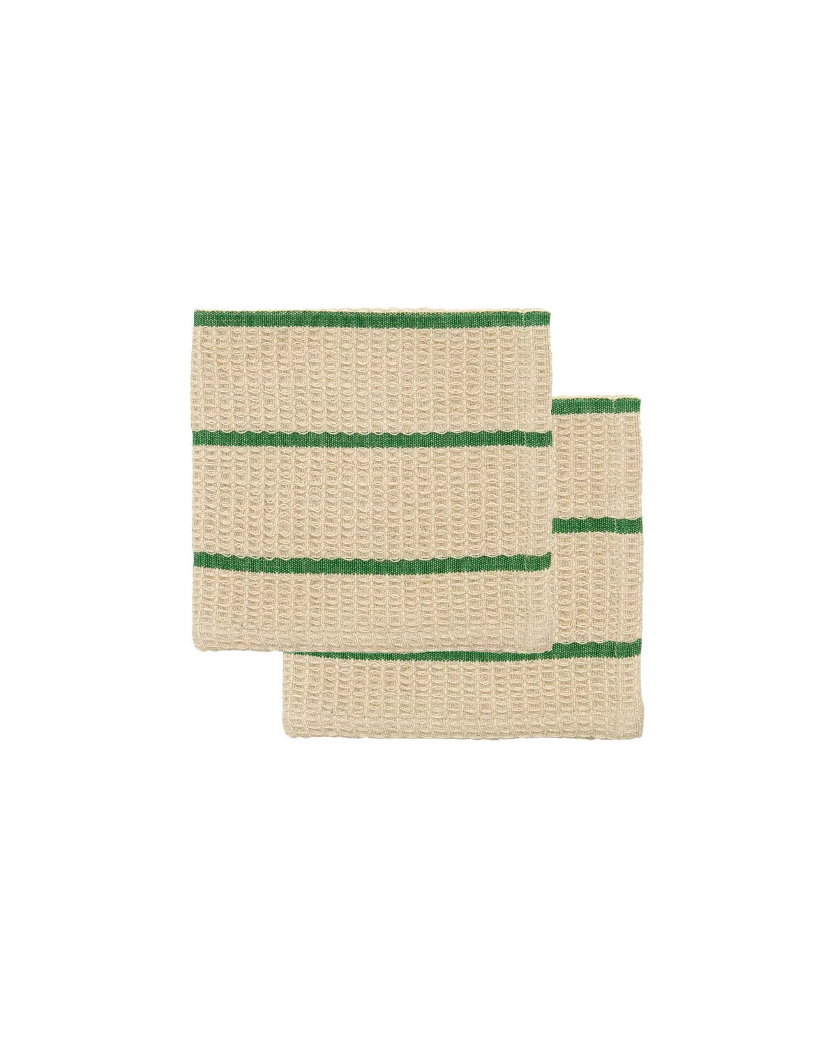 Stock image of the set of two sand and green striped Rena wash cloths.