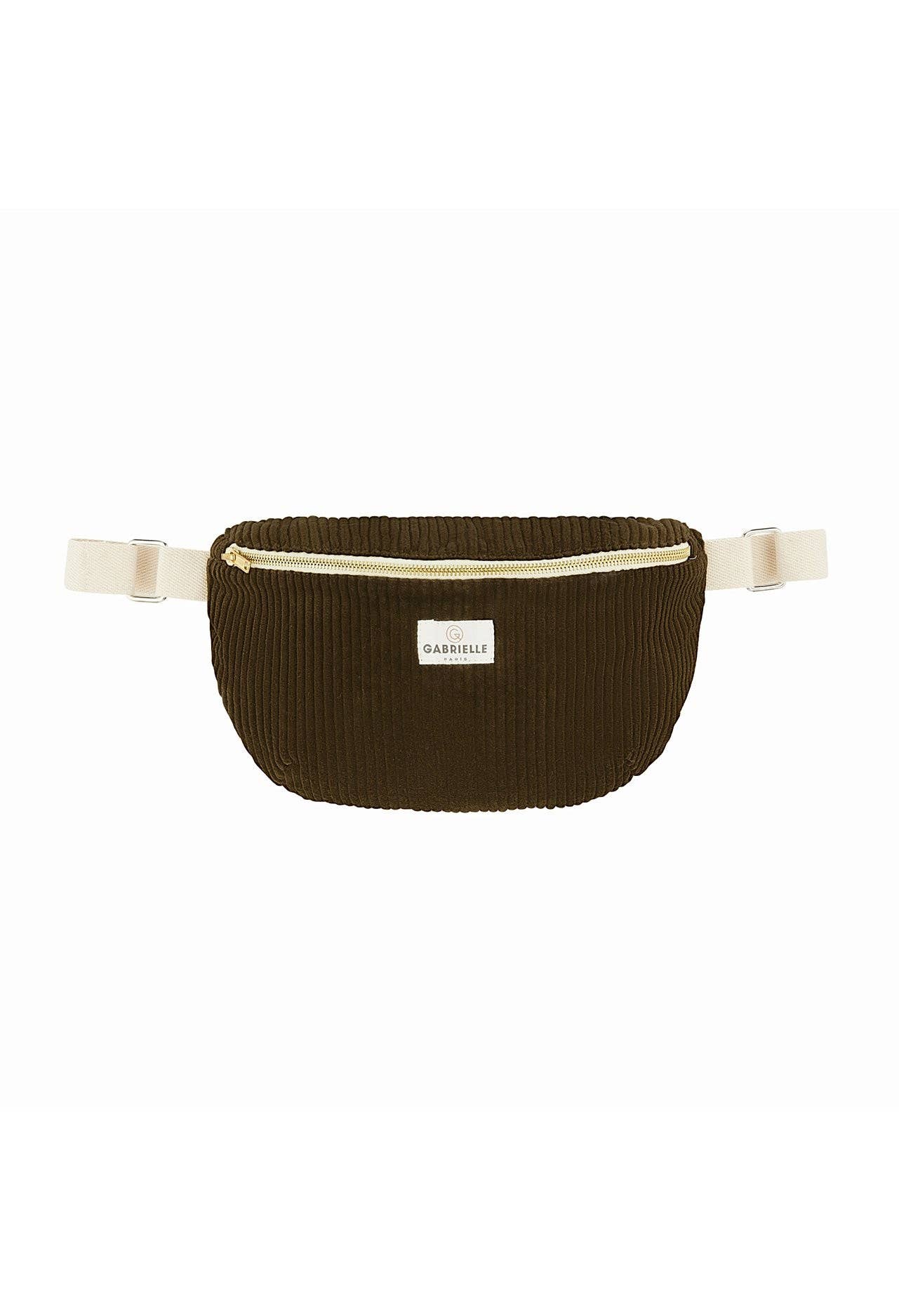 Small olive velvet corduroy waist bag against a white background.