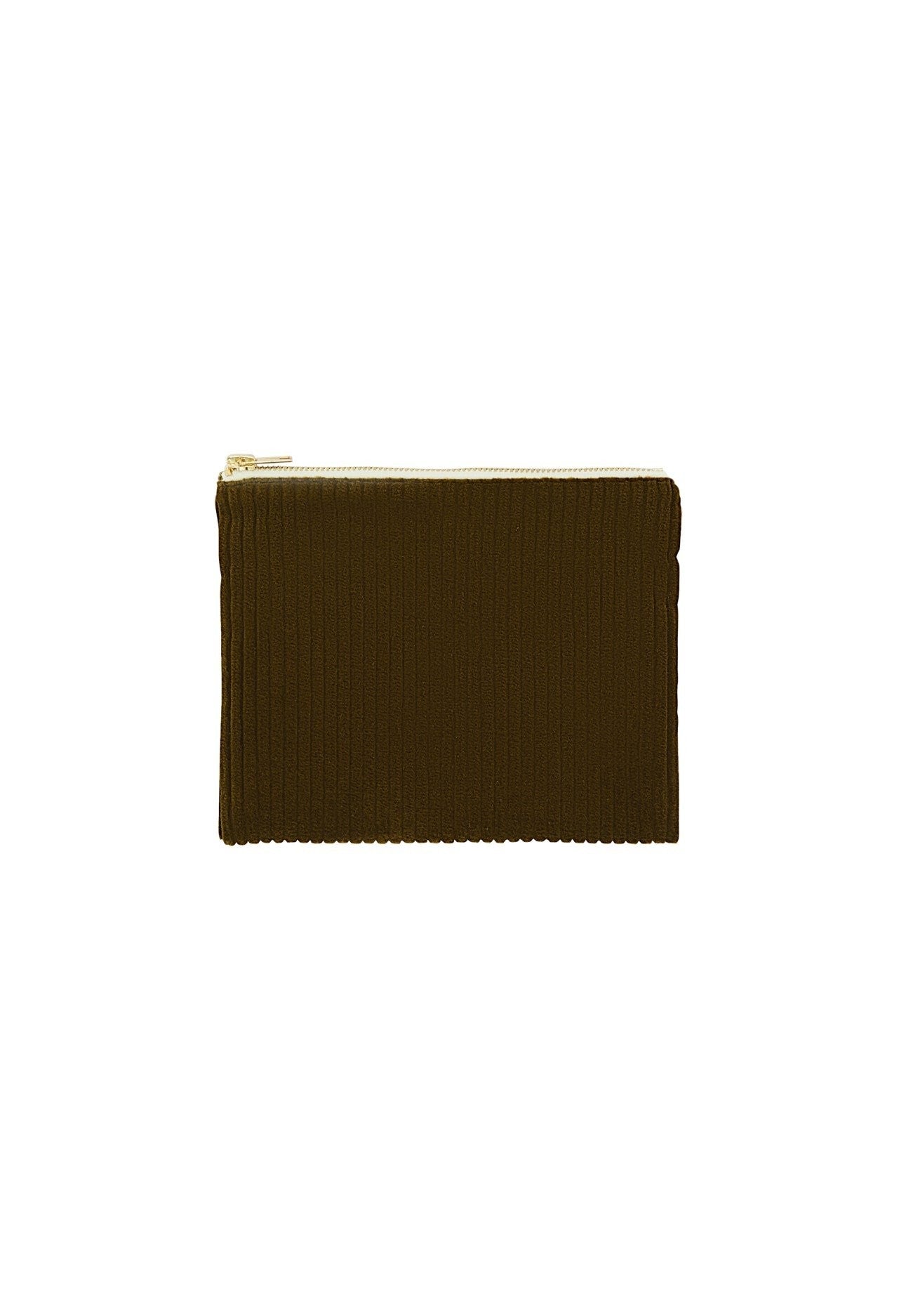 Small olive velvet corduroy pouch on a white background.