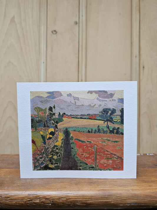 Greeting card reproducing Spencer Frederick Gore's painting The Cinder Path, showing a narrow path cutting through vivid fields of orange and green beneath a dramatic cloudy sky