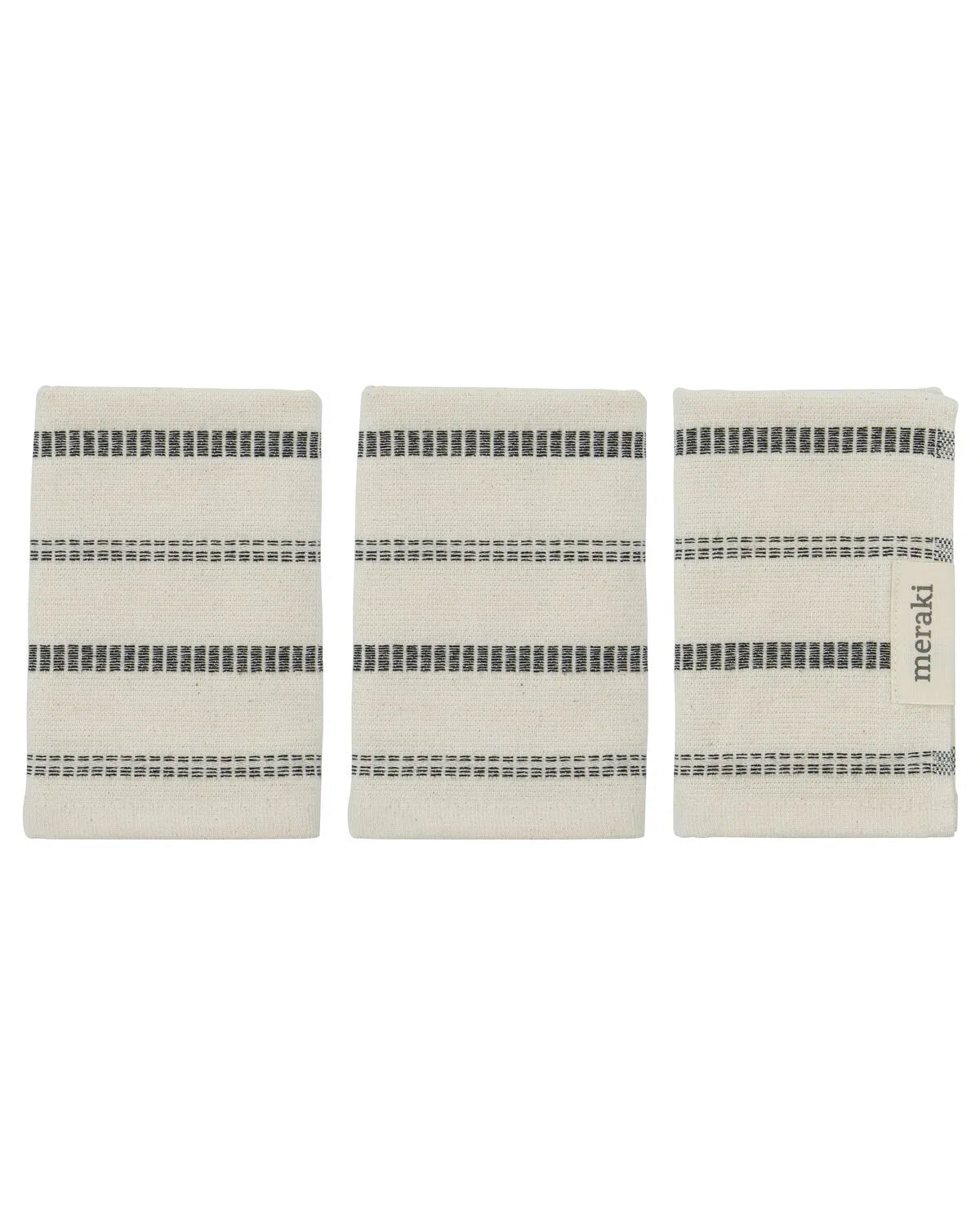 Stock image of three off-white and black striped wash cloths against a white background.