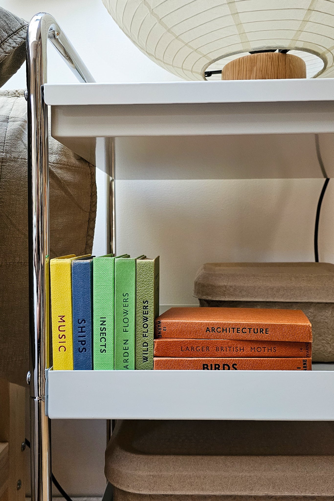 Close-up of vintage Observer books including Music, Ships, Insects, Garden Flowers, Wild Flowers, Architecture, Larger British Moths and Birds, displayed on a shelf
