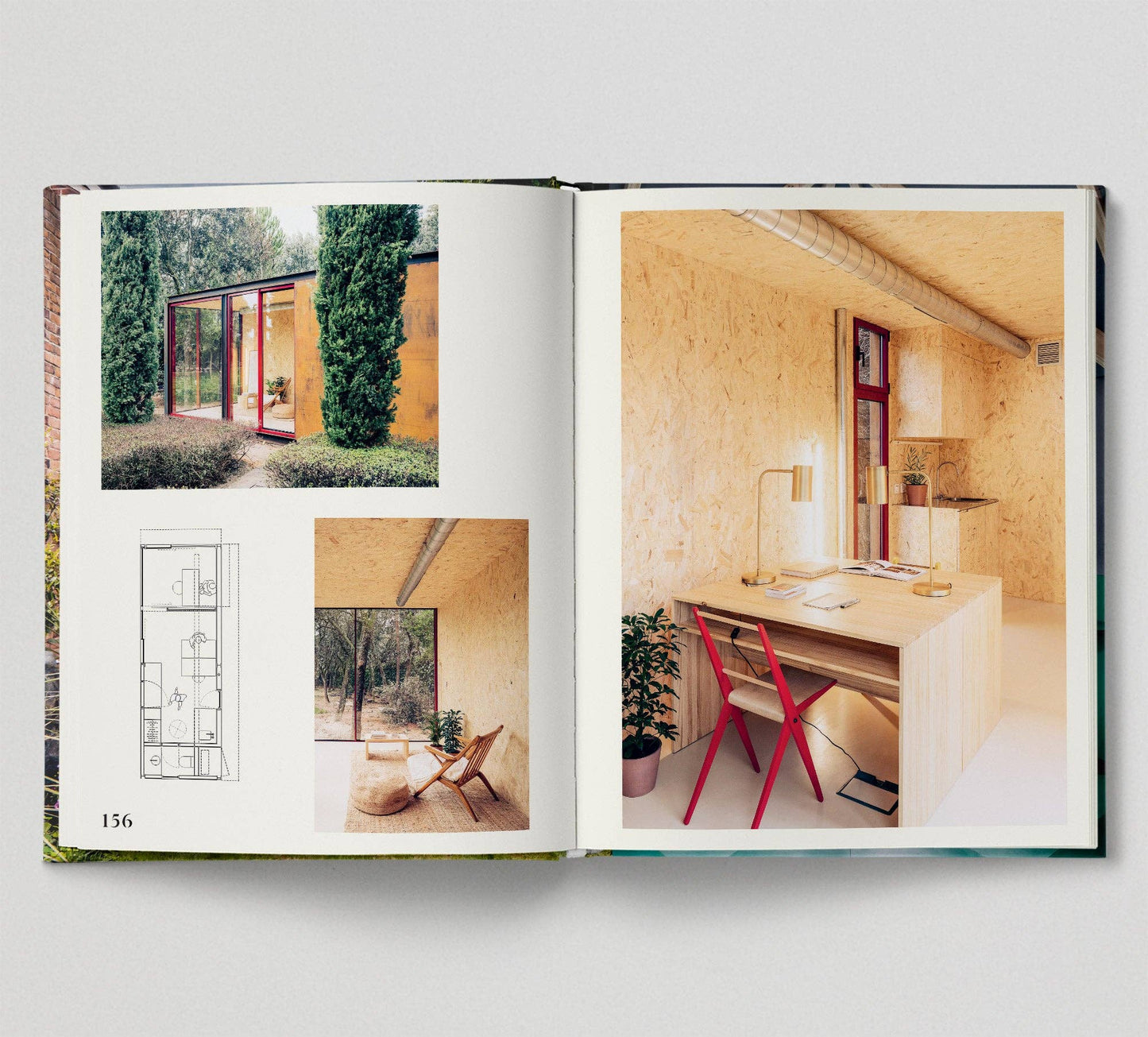 Open book showing interior design images of a modern interior shed.