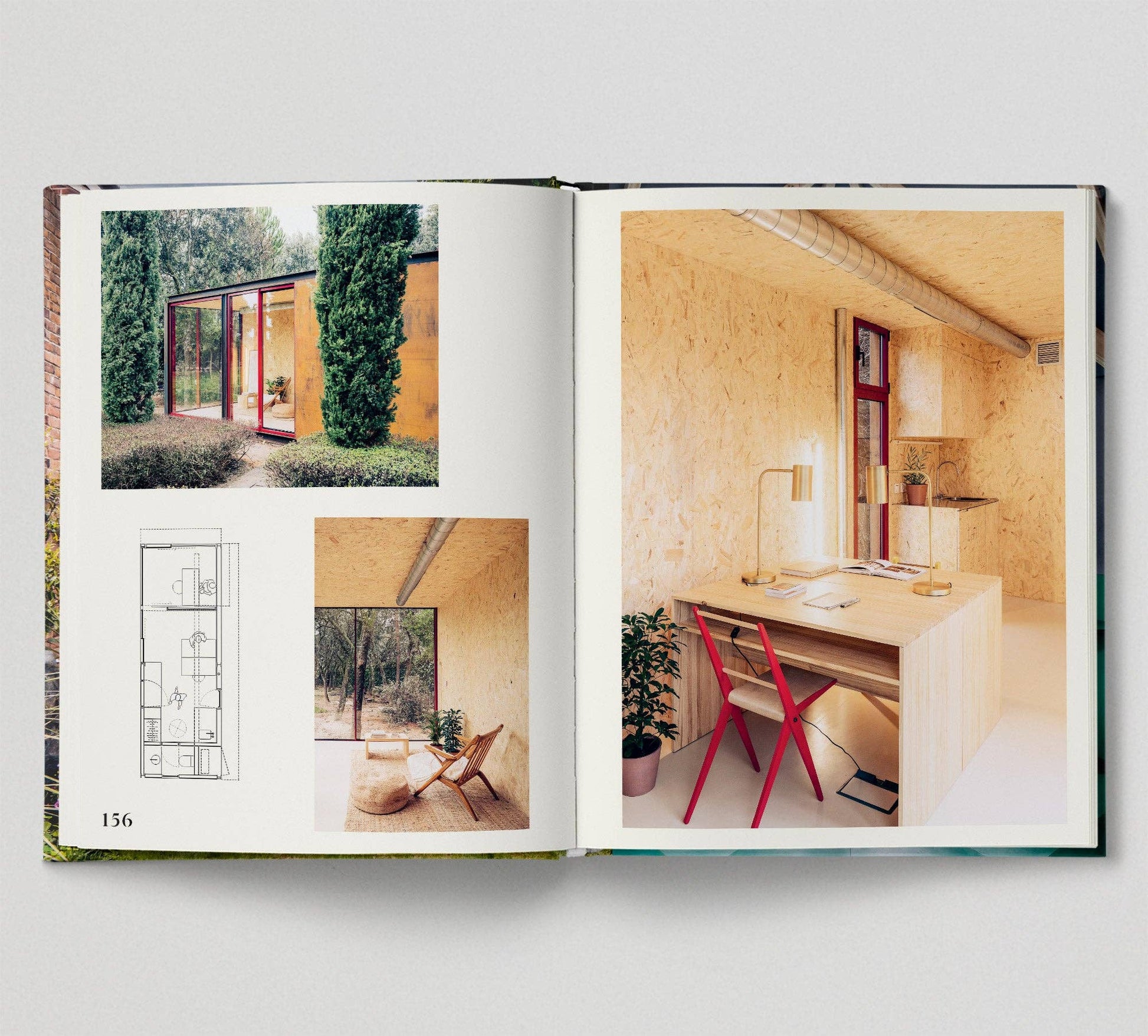 Open book showing interior design images of a modern interior shed.