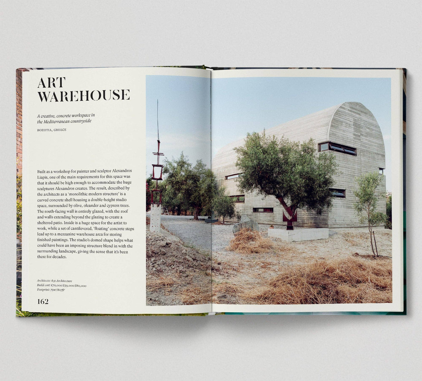 Open book showing an architectural photograph of a building with text on a white background.
