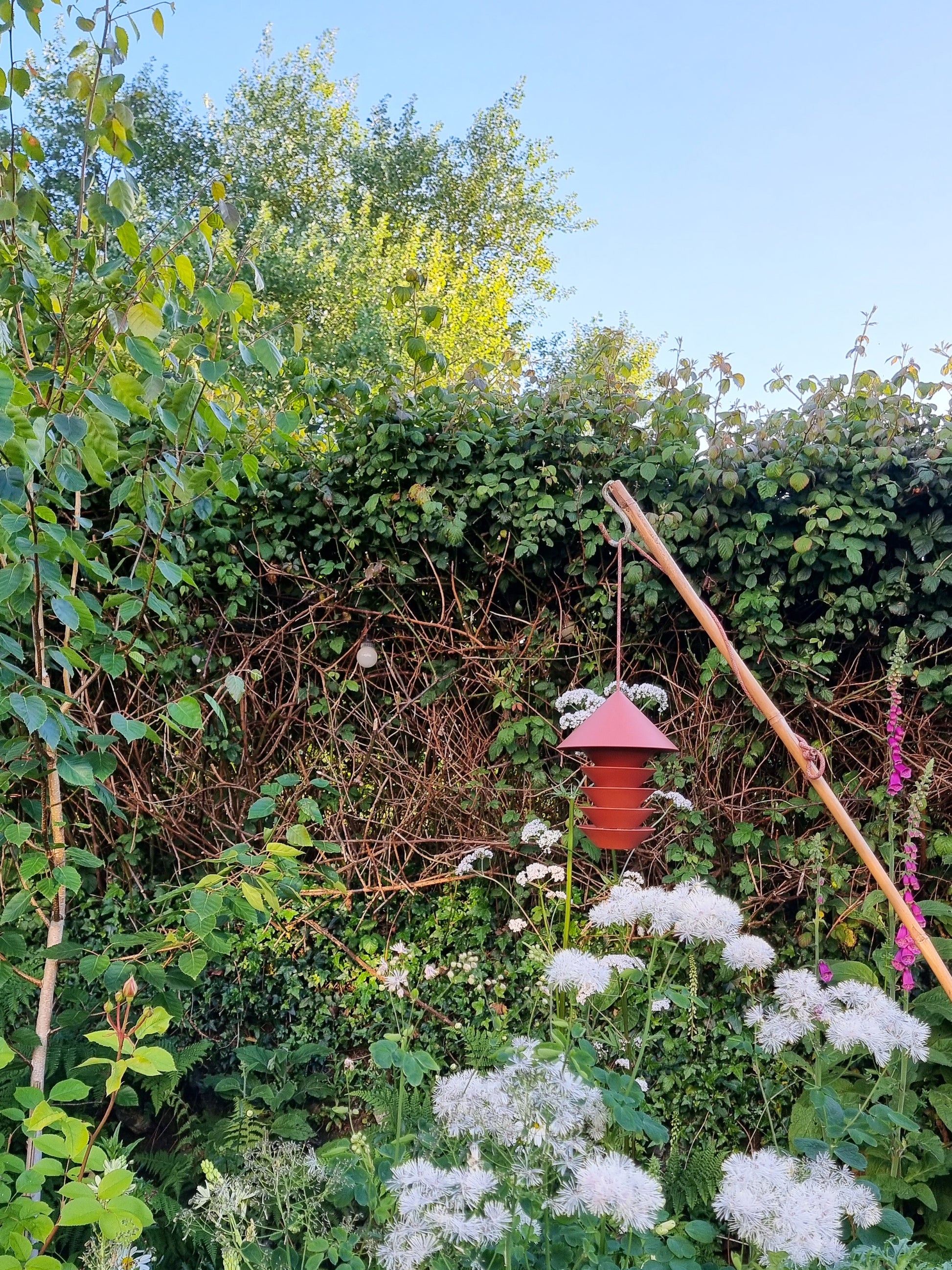 Pidät Bird Silo Feeder in terracotta hanging from shepherd's hook in cottage garden