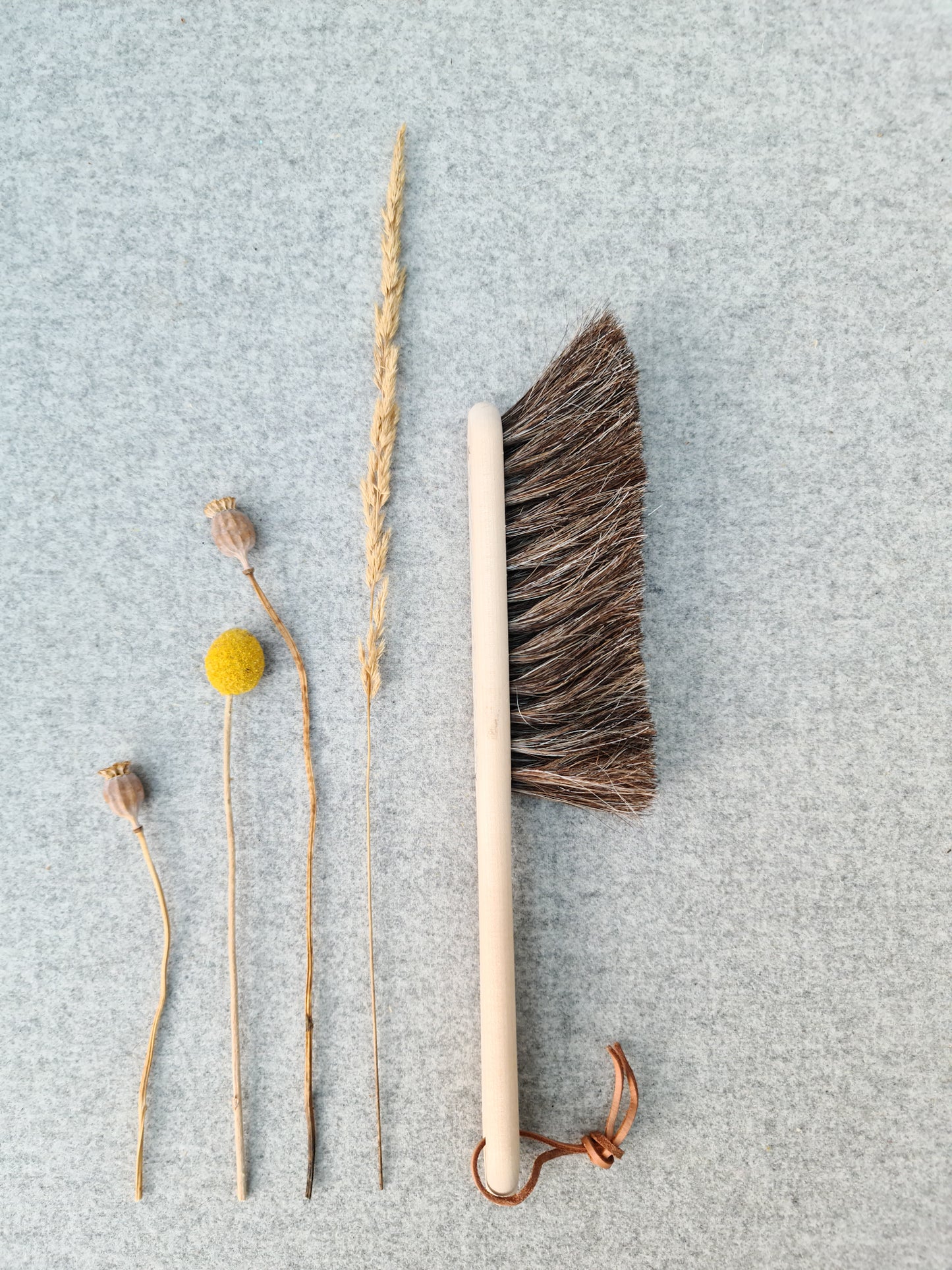 A broom made of beech and horsehair laying against a grey background against dried flowers/plants.