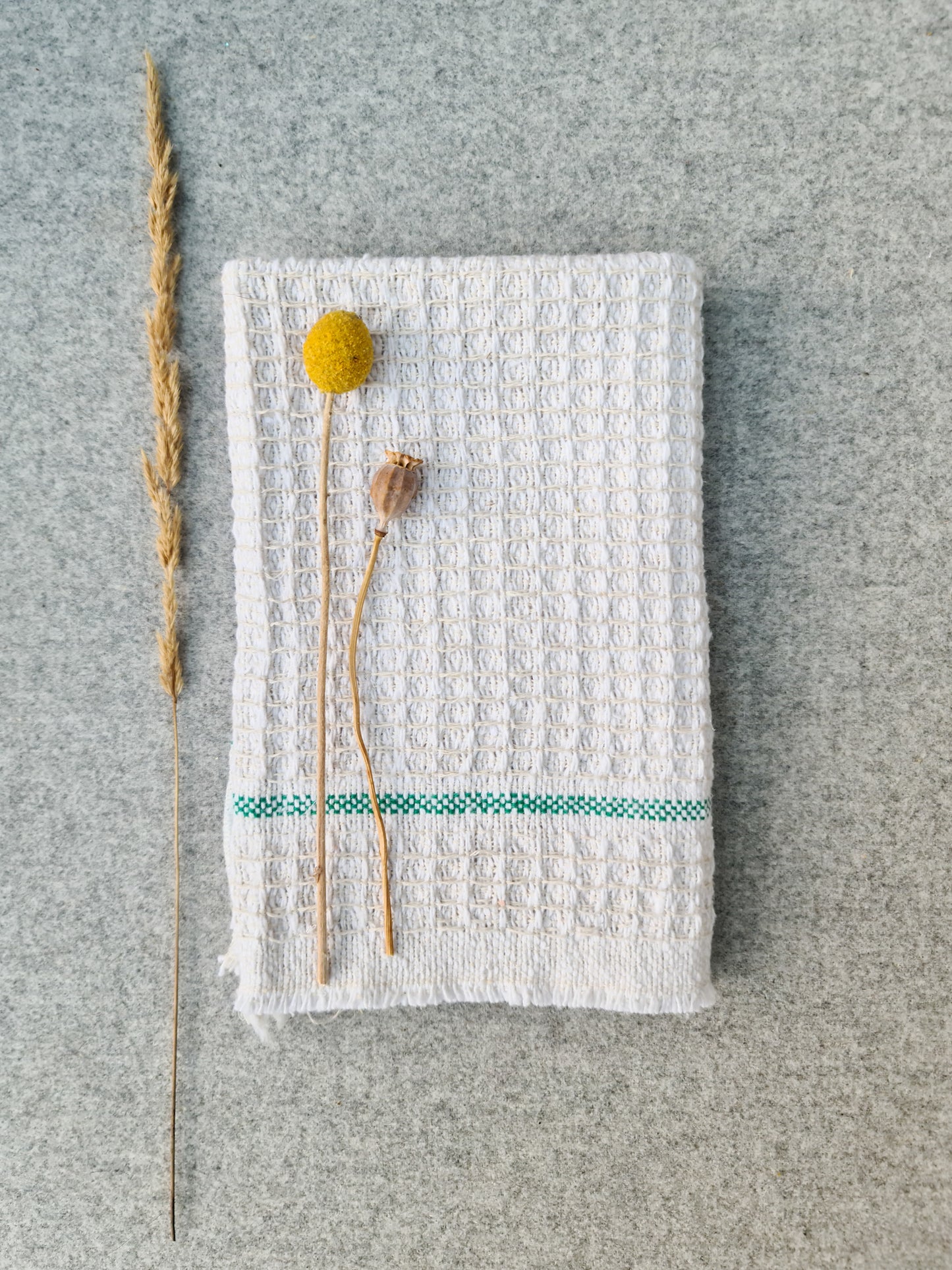 A white multipurpose cleaning cloth with green stripes, displayed on a grey surface alongside some dried plant stems.