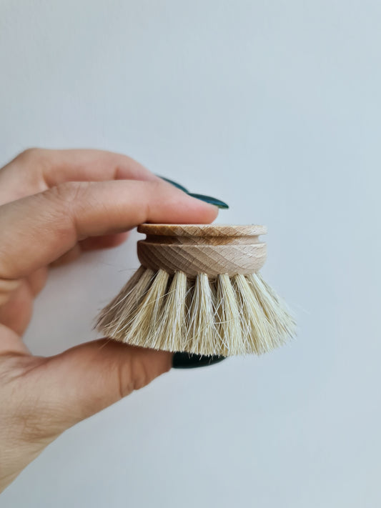 A hand holding a dish brush with natural bristles.