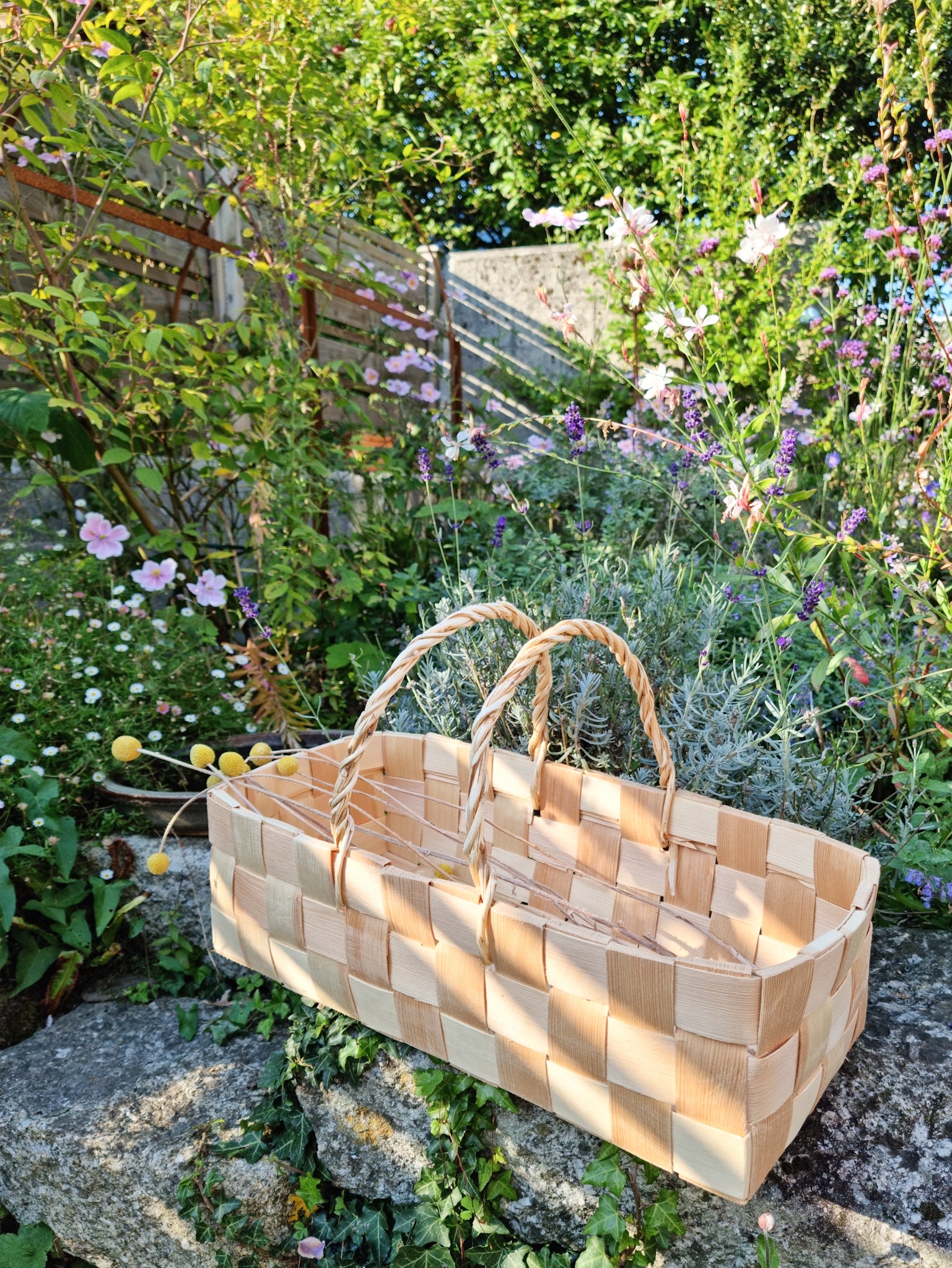 Woven basket placed in a garden.