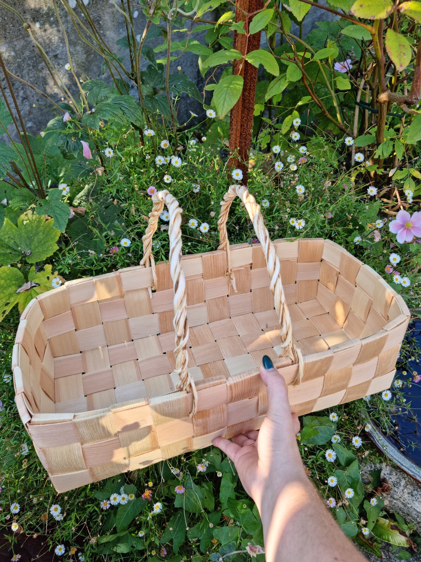 A woman is holding a woven basket outstretched in a garden.