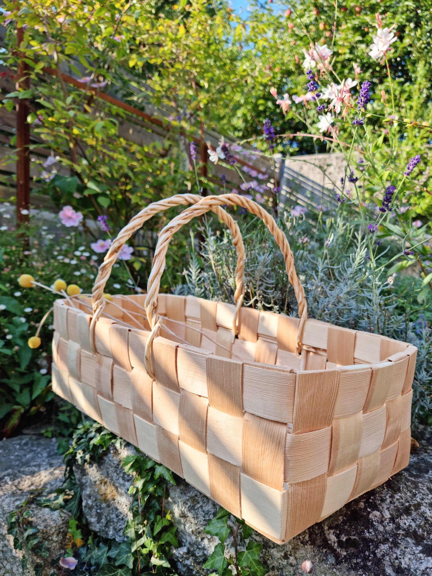 Woven basket placed in a garden.