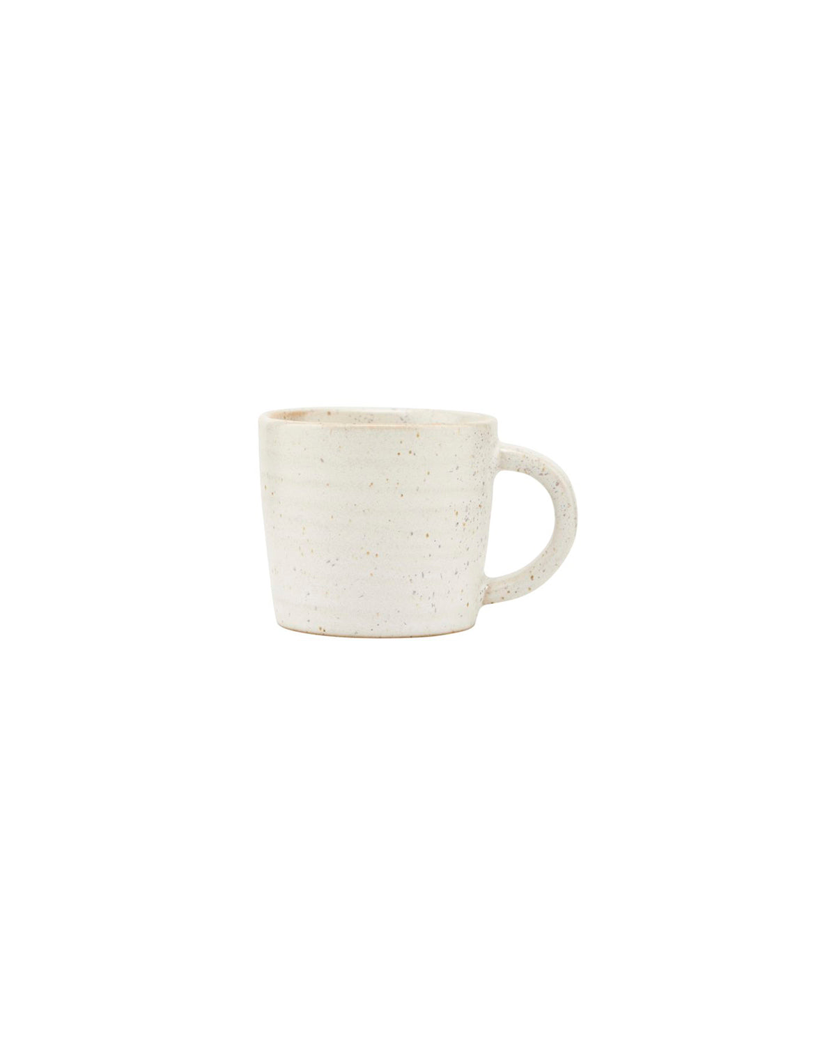 Stock image of a speckled stoneware espresso cup on a white background.