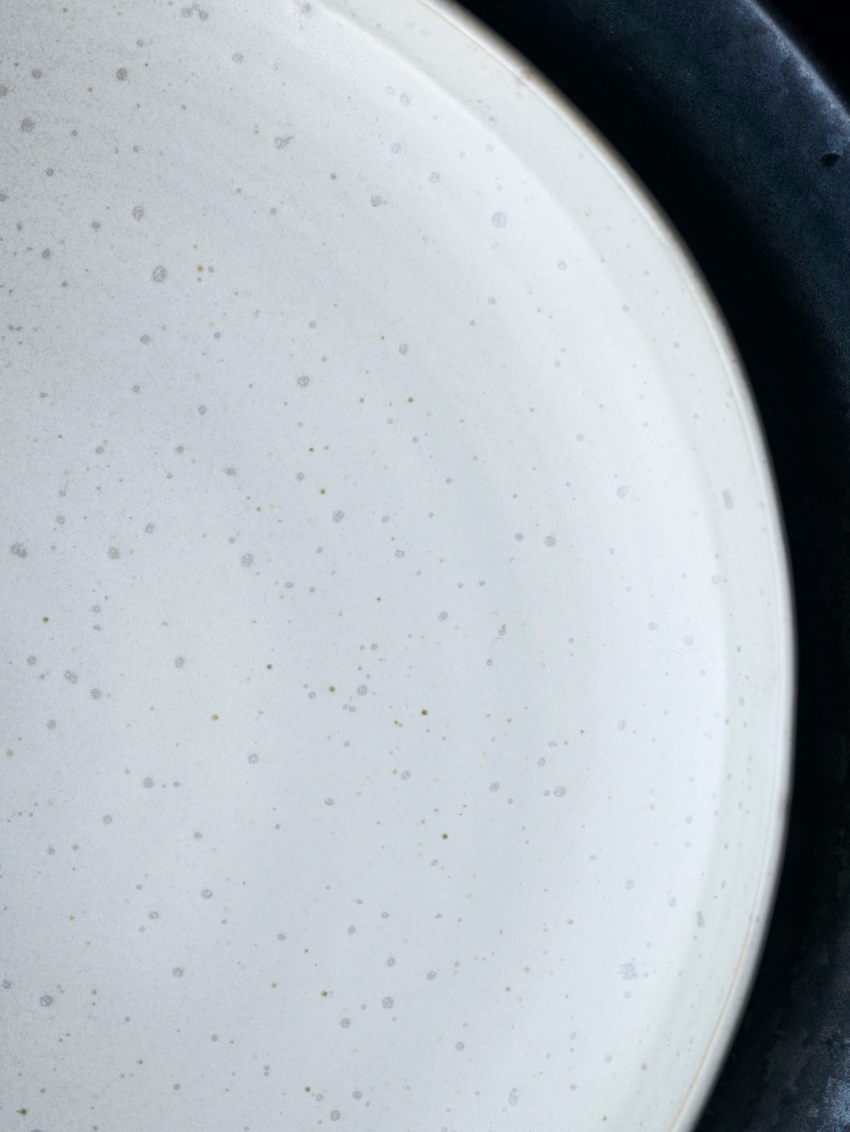 Close up of a white speckled ceramic lunch plate.