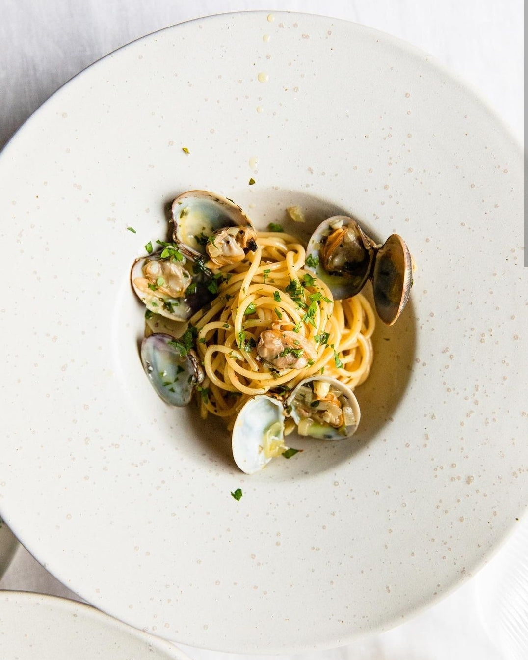 Birds eye view of a speckled white pasta/soup bowl with pasta and clams displayed inside.